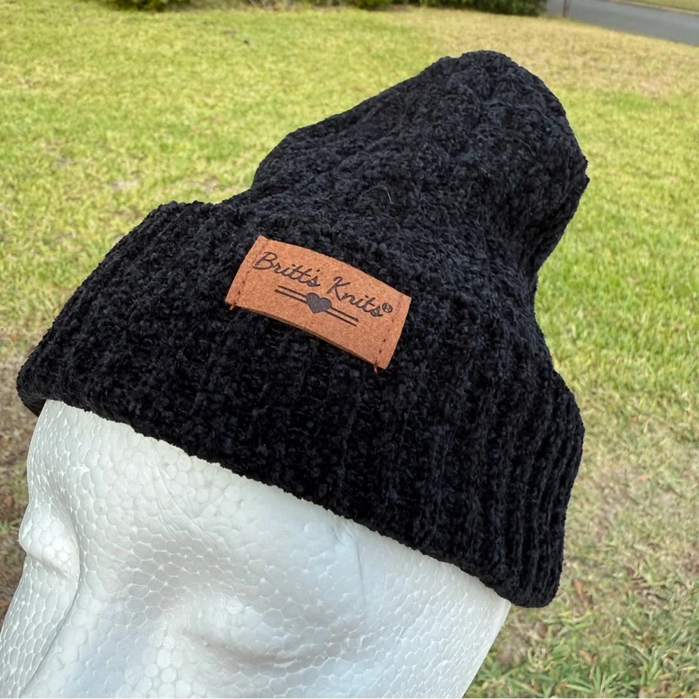 Britt's Knits Beyond Soft Chenille Beanie Black with Plush Lining Cable knit